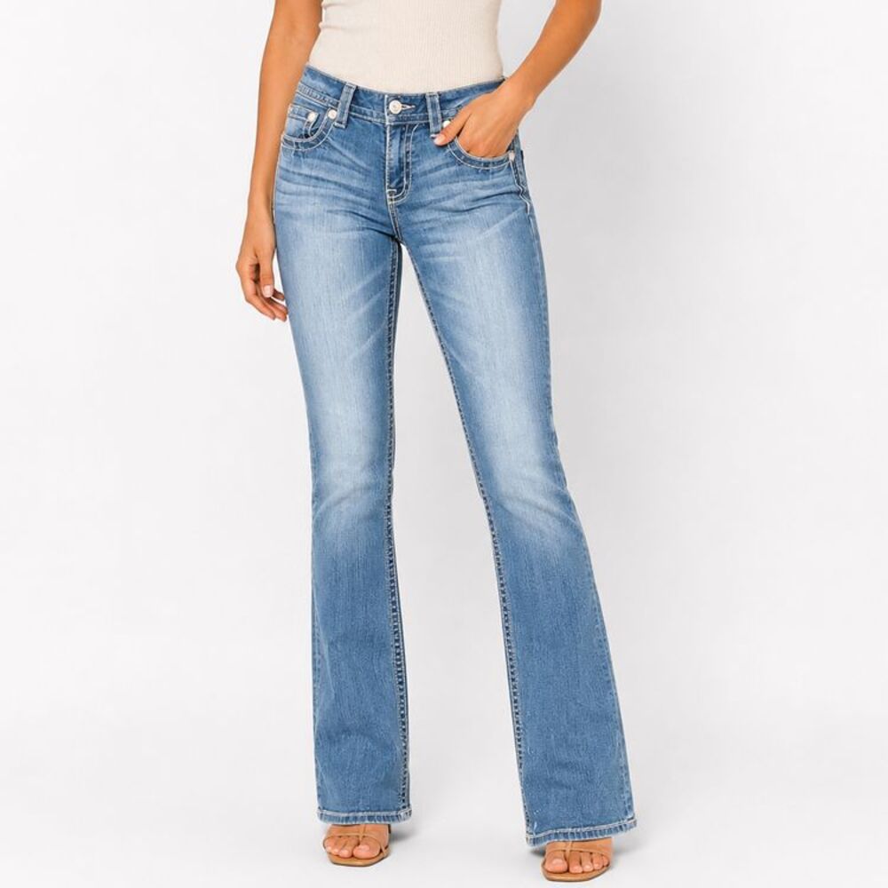 Miss Me Fleur De Lis Bootcut Jeans Women's 29 Medium Wash Rhinestone Embellished
